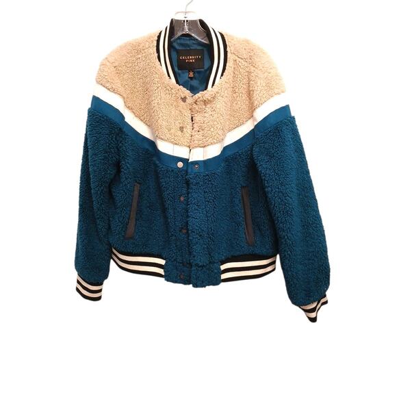 Celebrity Pink Jacket Faux Fur Varsity Bomber Teddy Coat Green Beige Women Sz L - Picture 6 of 16